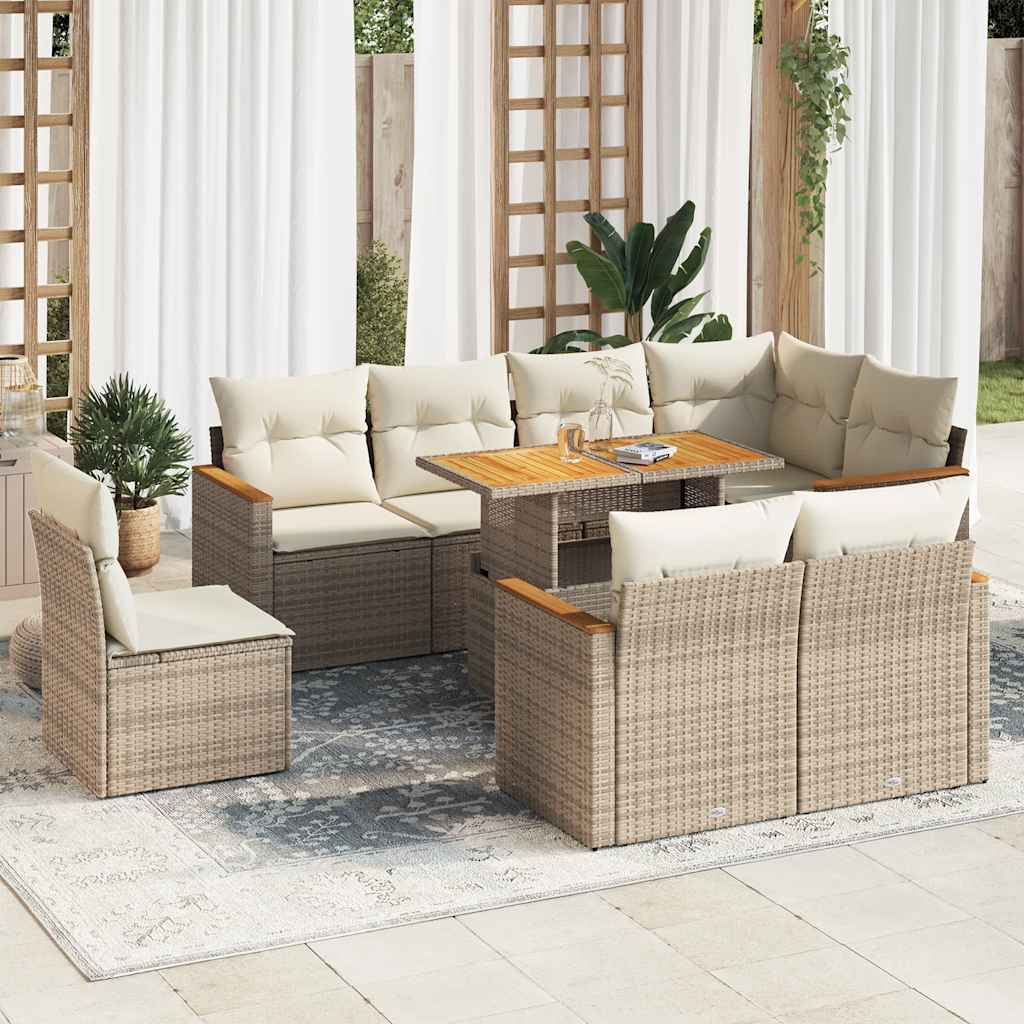 Set Divano da Giardino 9 pz con Cuscini Beige Polyrattan Acacia 3327502