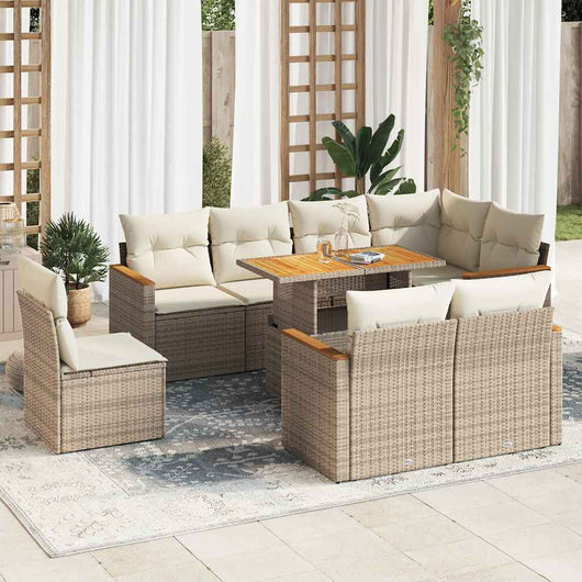 Set Divano da Giardino 9 pz con Cuscini Beige Polyrattan Acacia