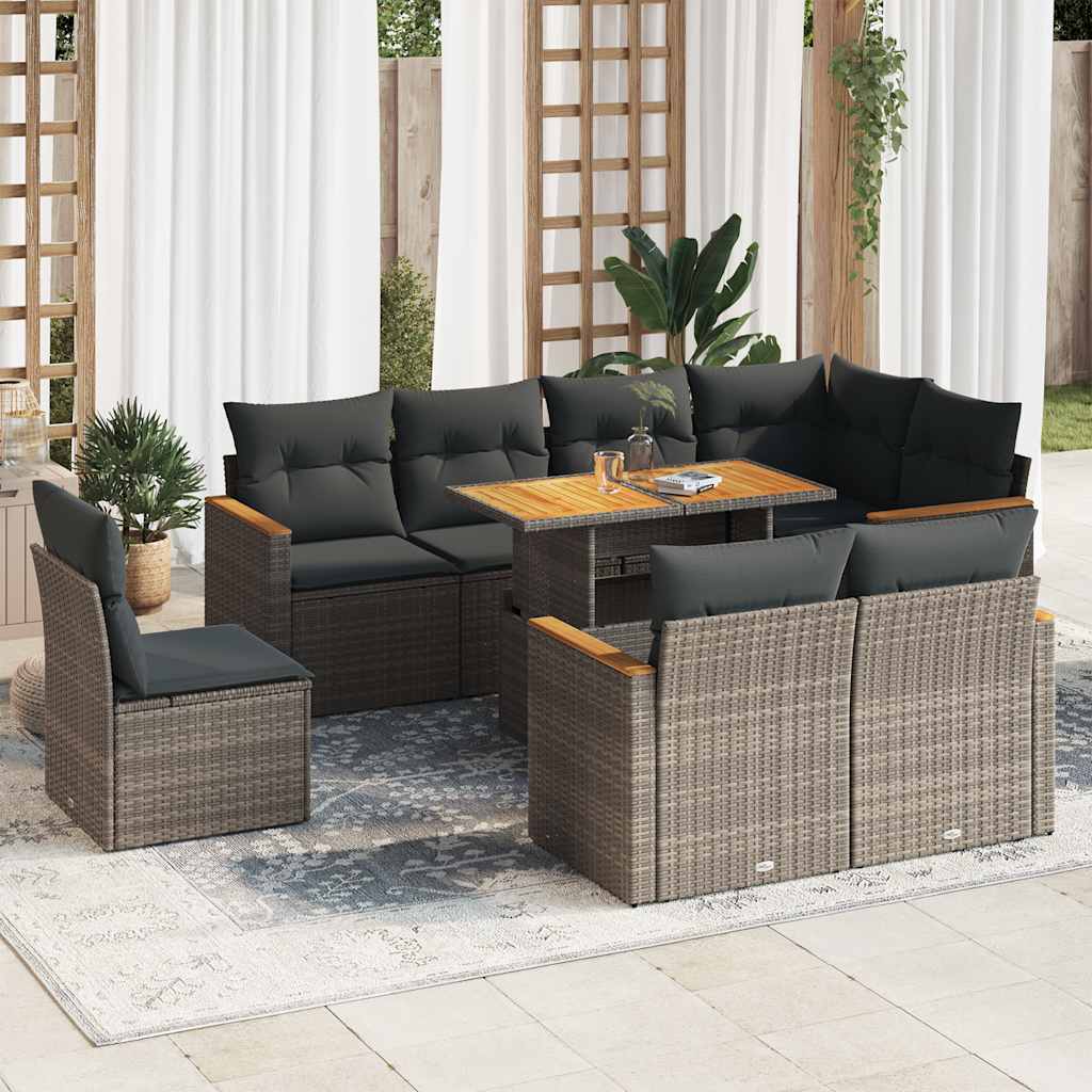 vidaXL Set Divano da Giardino 9pz con Cuscini Grigio Polyrattan Acacia