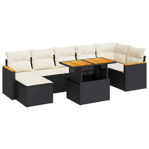 Set Divani da Giardino con Cuscini 8 pz Nero Polyrattan Acacia
