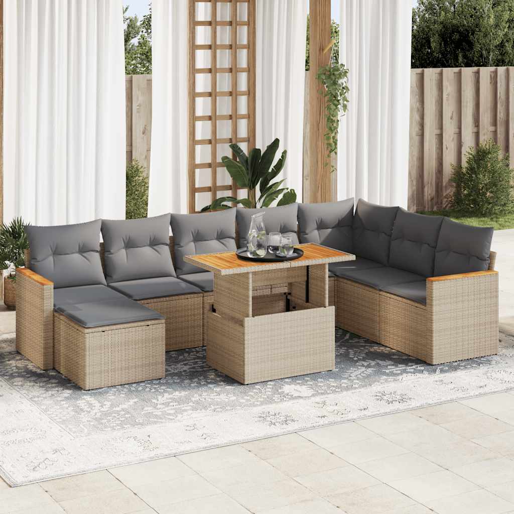 Set Divano da Giardino 9 pz con Cuscini Beige Polyrattan Acacia 3327524