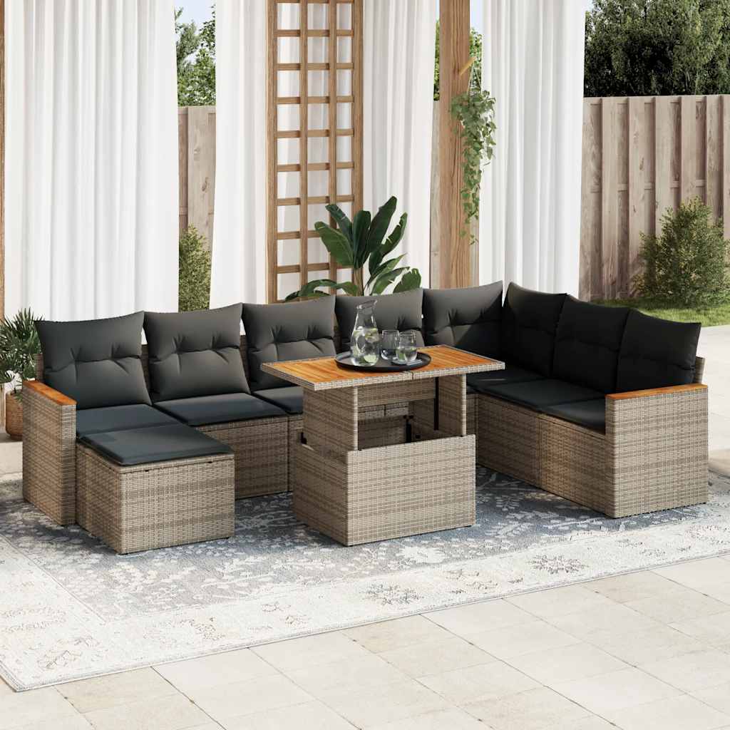 vidaXL Set Divano da Giardino 9pz con Cuscini Grigio Polyrattan Acacia