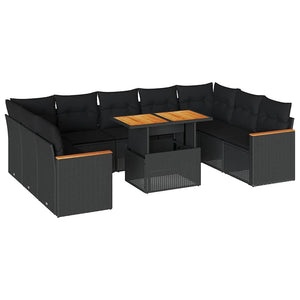 vidaXL Set Divani Giardino 10pz con Cuscini Nero in Polyrattan Acacia