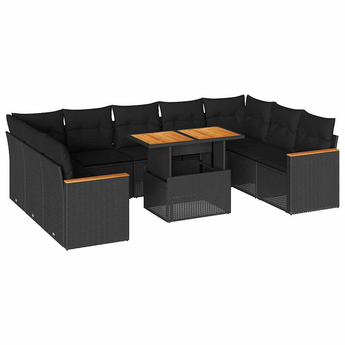 Set Divani Giardino 10pz con Cuscini Nero in Polyrattan Acacia 3327527
