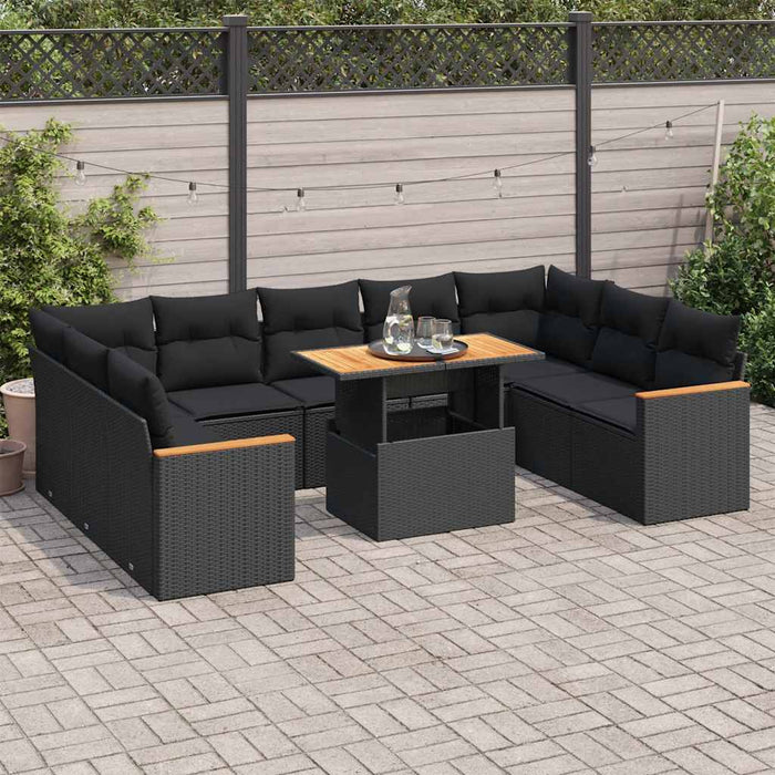 Set Divani Giardino 10pz con Cuscini Nero in Polyrattan Acacia 3327527