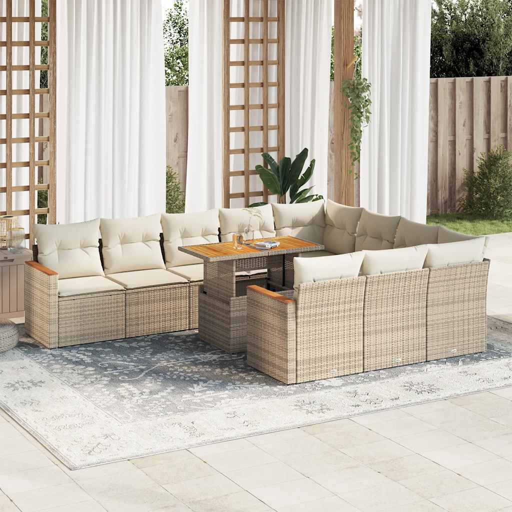 Set Divani da Giardino 11pz con Cuscini Beige Acacia Polyrattan 3327537