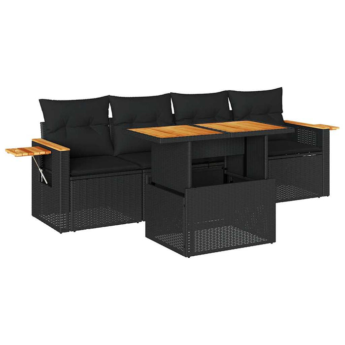 Set Divani da Giardino 5 pz con Cuscini Nero Polyrattan Acacia