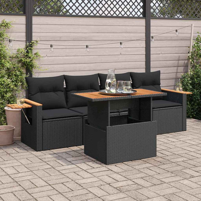 Set Divani da Giardino 5 pz con Cuscini Nero Polyrattan Acacia