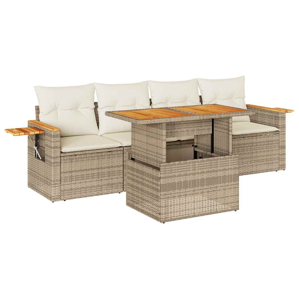 Set Divano da Giardino 5 pz con Cuscini Beige Polyrattan Acacia 3327544
