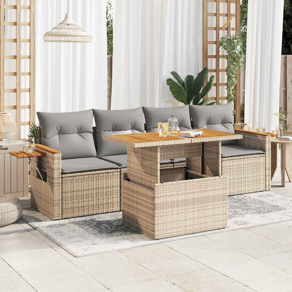 vidaXL Set Divano da Giardino 5 pz con Cuscini Beige Polyrattan Acacia