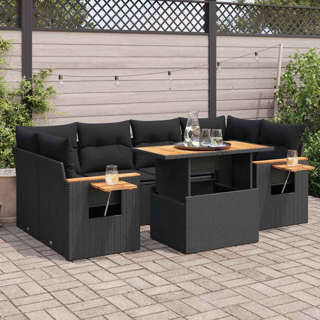 Set Divani da Giardino con Cuscini 7pz Nero Polyrattan Acacia