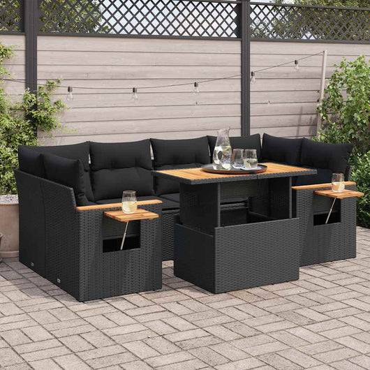 Set Divani da Giardino con Cuscini 7pz Nero Polyrattan Acacia