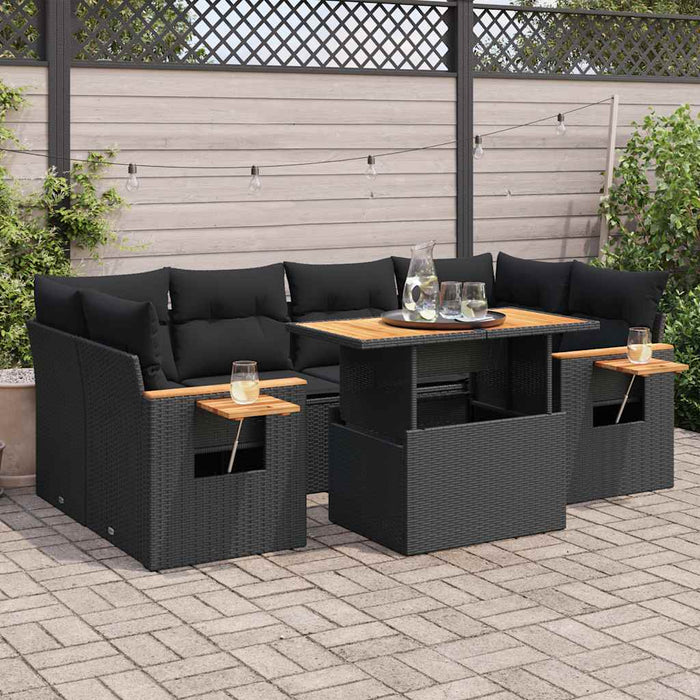 Set Divani da Giardino con Cuscini 7pz Nero Polyrattan Acacia
