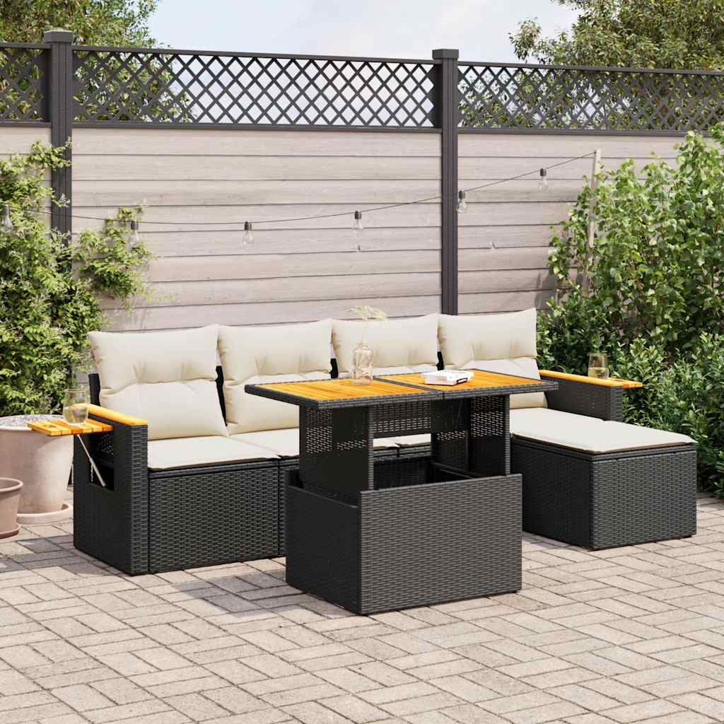 vidaXL Set Divano da Giardino 6 pz con Cuscini Nero Polyrattan Acacia