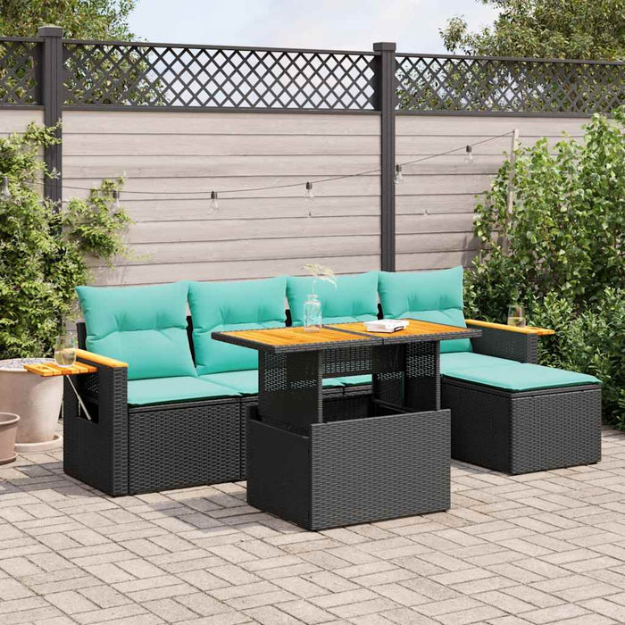 Set Divano da Giardino 6 pz con Cuscini Nero Polyrattan Acacia 3327585
