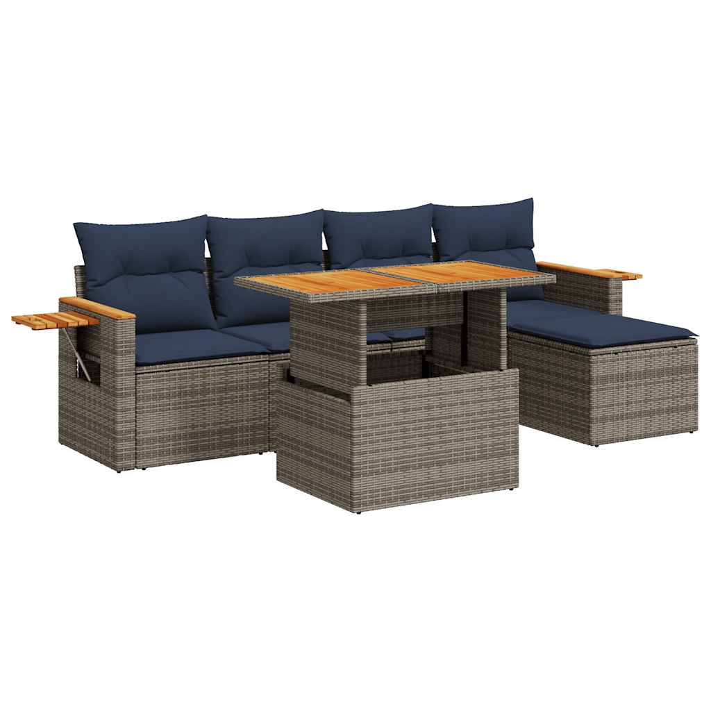 Set Divano da Giardino 6pz con Cuscini Grigio Polyrattan Acacia