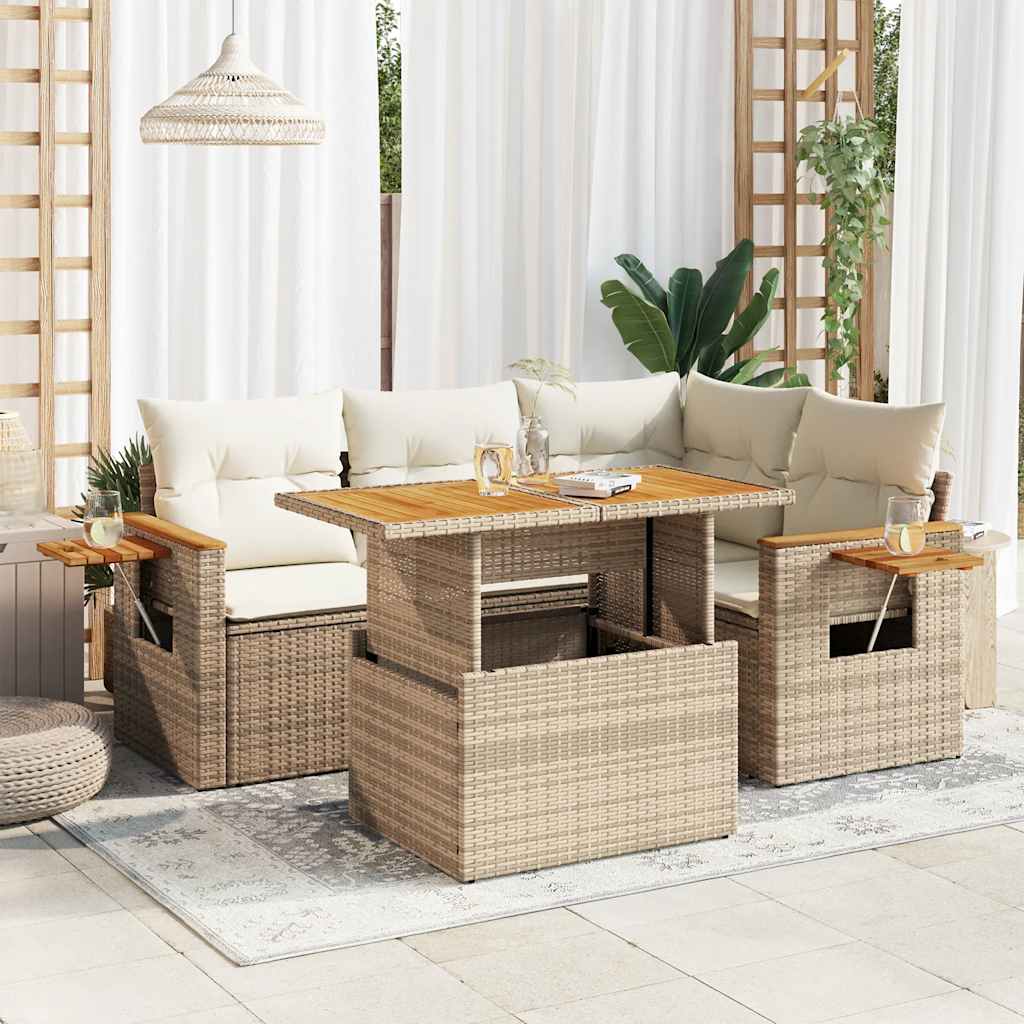 vidaXL Set Divano da Giardino 5 pz con Cuscini Beige Polyrattan Acacia