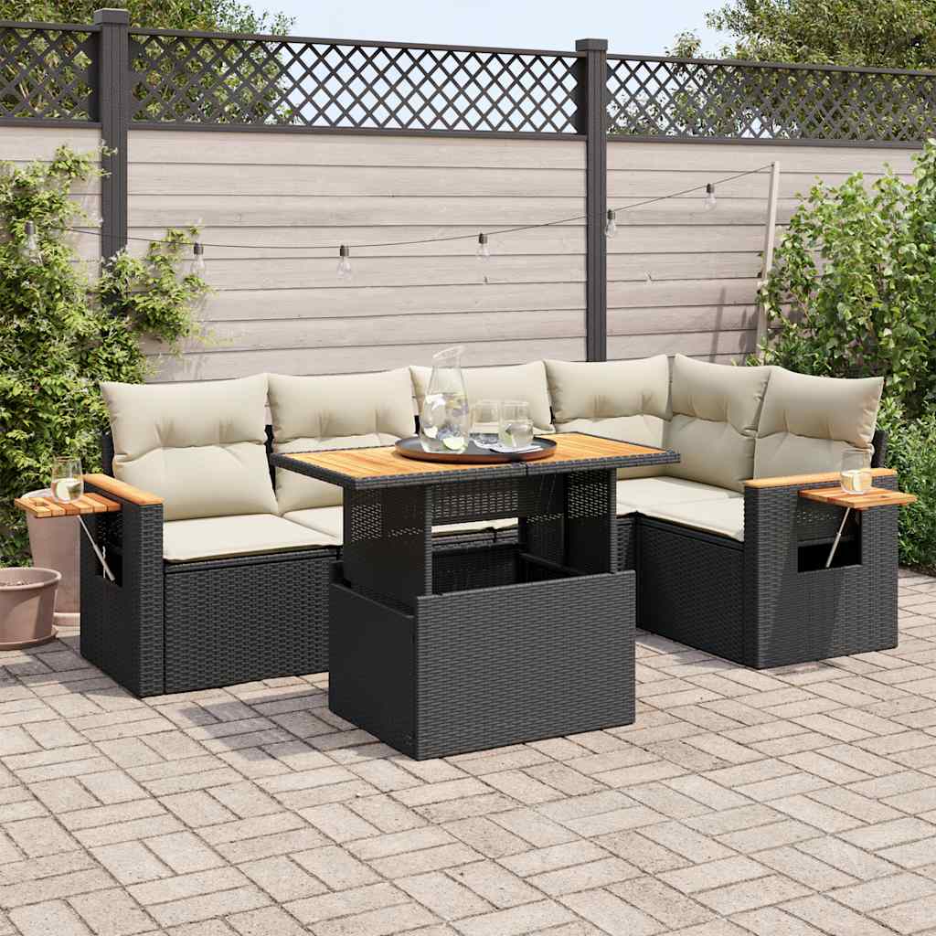 vidaXL Set Divano da Giardino 6 pz con Cuscini Nero Polyrattan Acacia