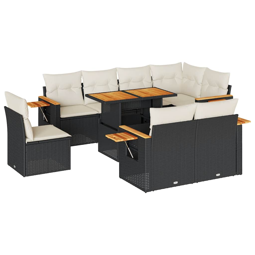 Set Divani da Giardino 9 pz con Cuscini Nero Polyrattan Acacia