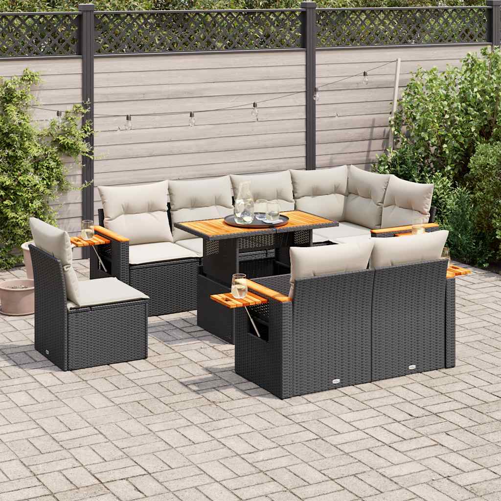 Set Divani da Giardino 9 pz con Cuscini Nero Polyrattan Acacia