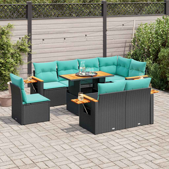 Set Divani da Giardino 9 pz con Cuscini Nero Polyrattan Acacia 3327613