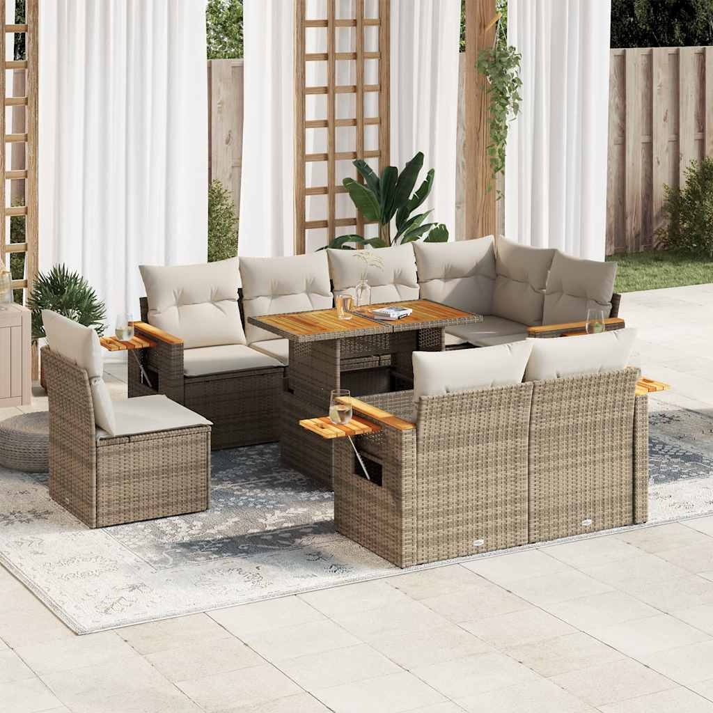 Set Divano da Giardino 9 pz con Cuscini Beige Polyrattan Acacia 3327614
