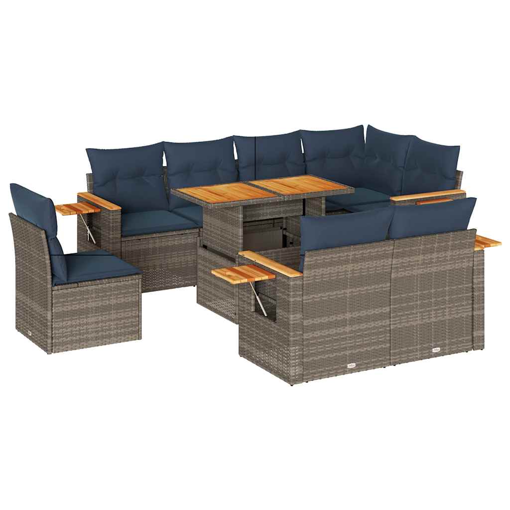 vidaXL Set Divano da Giardino 9pz con Cuscini Grigio Polyrattan Acacia