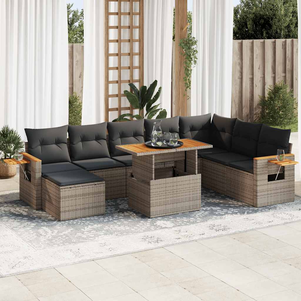 vidaXL Set Divano da Giardino 9pz con Cuscini Grigio Polyrattan Acacia