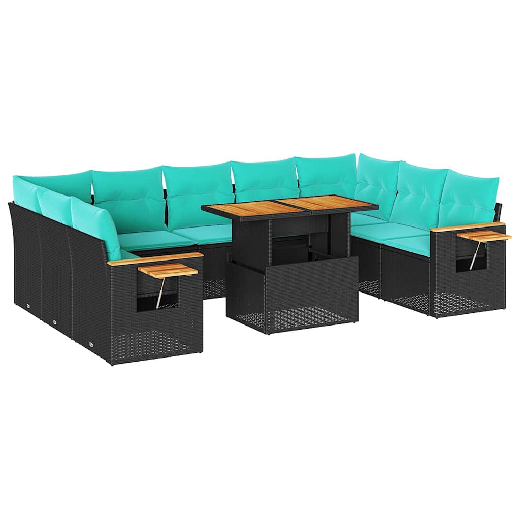 Set Divani Giardino 10pz con Cuscini Nero in Polyrattan Acacia 3327641
