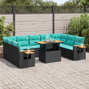 Set Divani Giardino 10pz con Cuscini Nero in Polyrattan Acacia 3327641