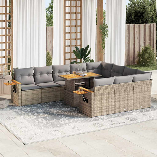 Set Divani da Giardino 11pz con Cuscini Beige Acacia Polyrattan