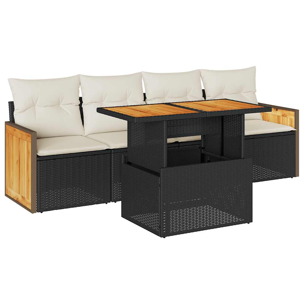 vidaXL Set Divani da Giardino 5 pz con Cuscini Nero Polyrattan Acacia