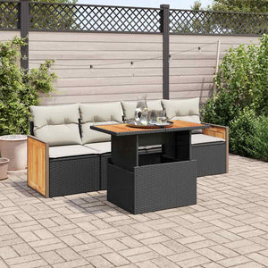vidaXL Set Divani da Giardino 5 pz con Cuscini Nero Polyrattan Acacia