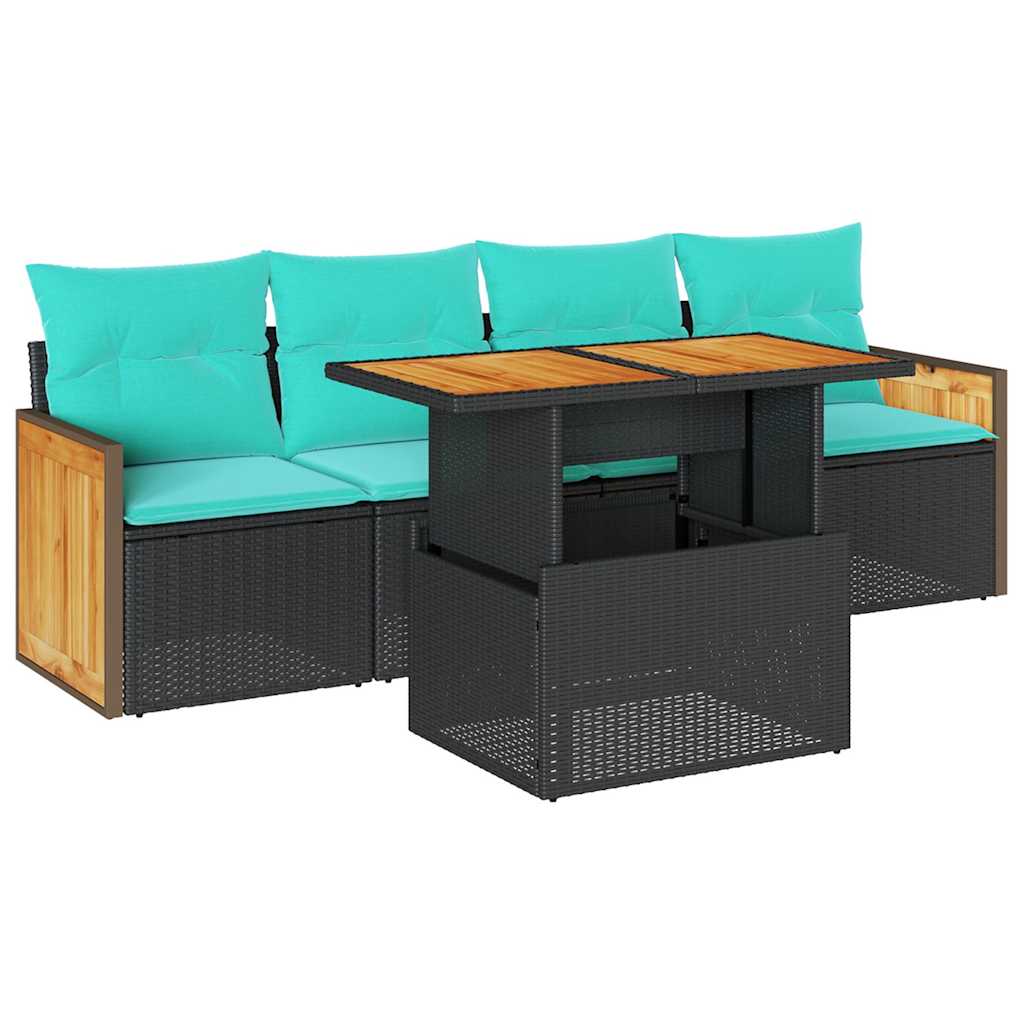 Set Divani da Giardino 5 pz con Cuscini Nero Polyrattan Acacia 3327655