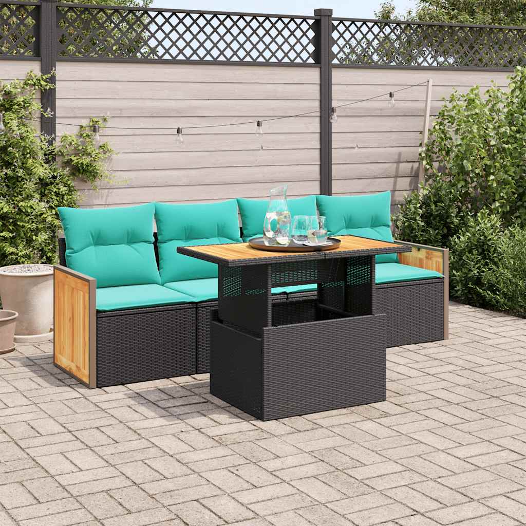 Set Divani da Giardino 5 pz con Cuscini Nero Polyrattan Acacia 3327655