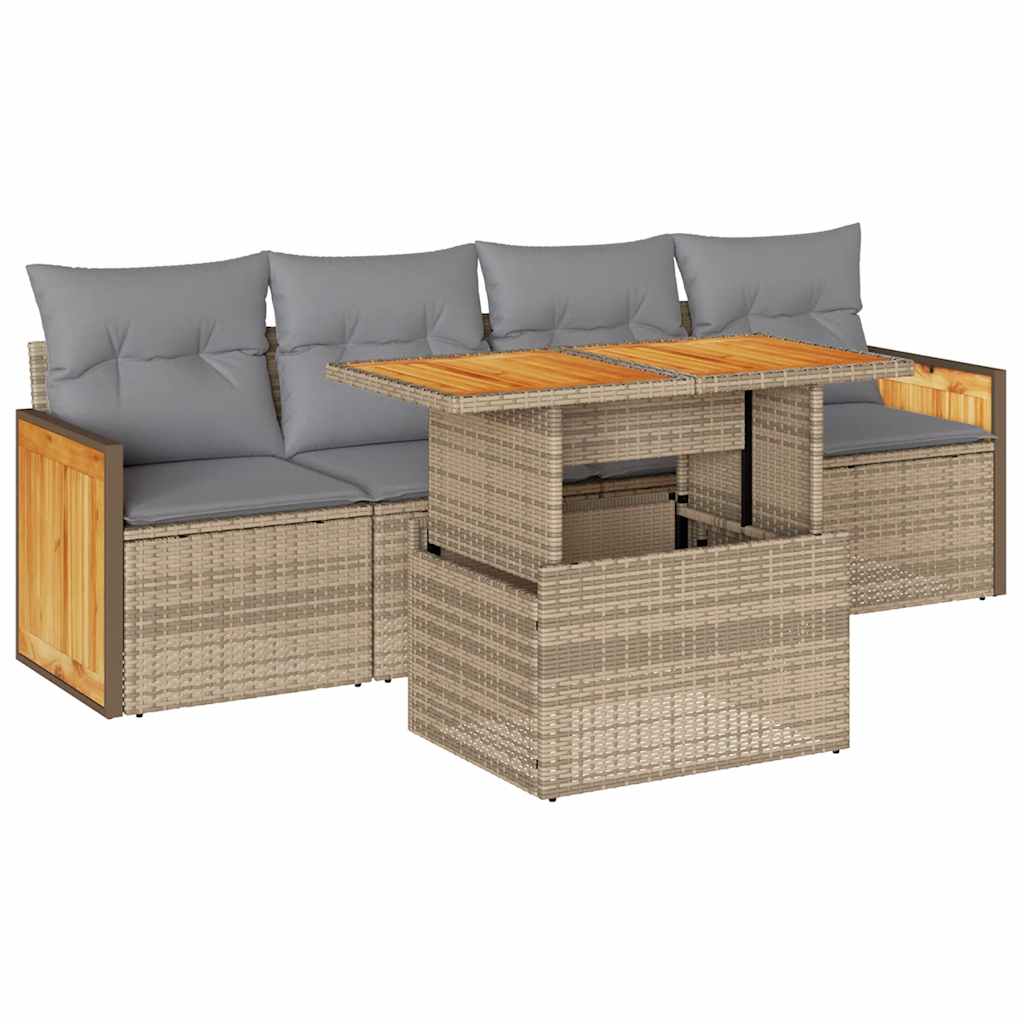 vidaXL Set Divano da Giardino 5 pz con Cuscini Beige Polyrattan Acacia