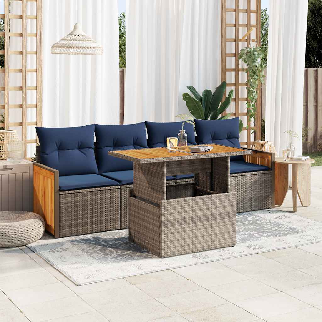 Set Divano Giardino 5 pz con Cuscini Grigio Polyrattan Acacia