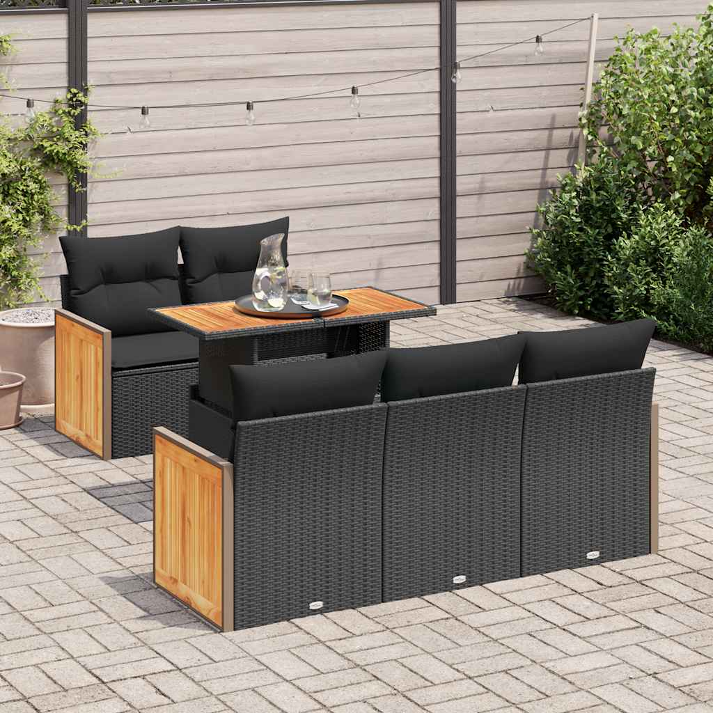 vidaXL Set Divano da Giardino 6 pz con Cuscini Nero Polyrattan Acacia