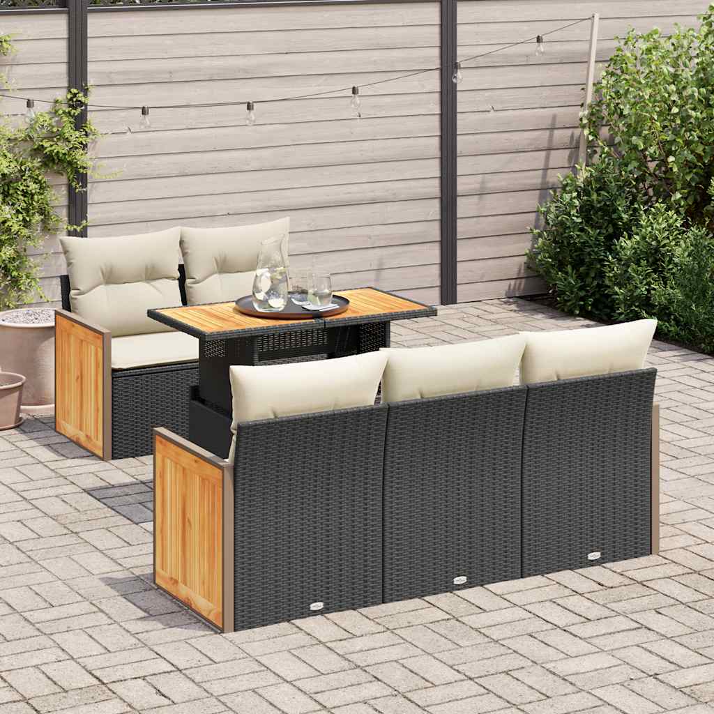 vidaXL Set Divano da Giardino 6 pz con Cuscini Nero Polyrattan Acacia