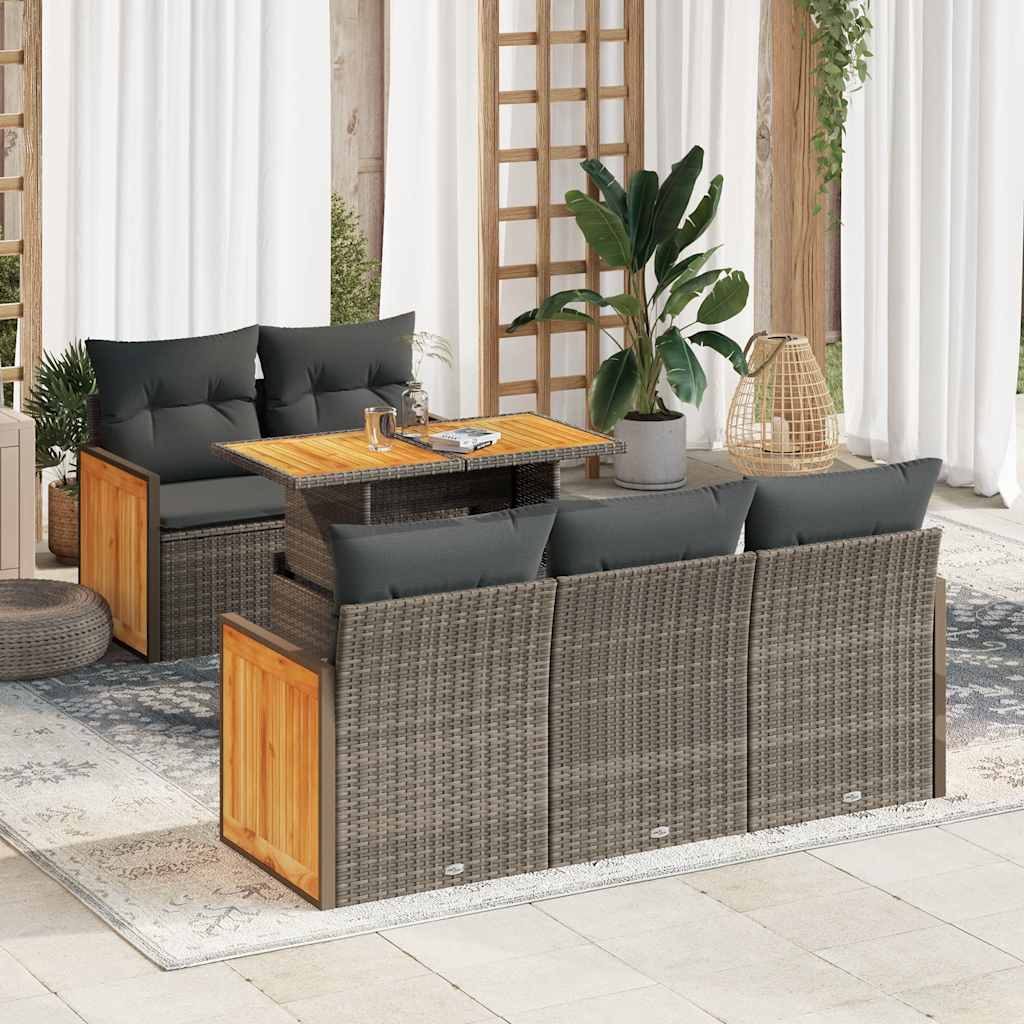 Set Divano da Giardino 6pz con Cuscini Grigio Polyrattan Acacia