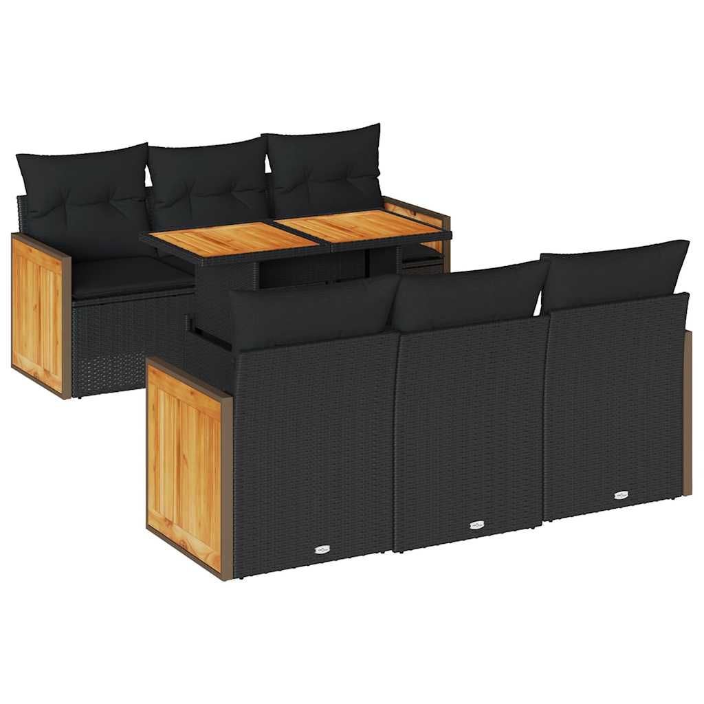 Set Divani da Giardino con Cuscini 7pz Nero Polyrattan Acacia 3327667