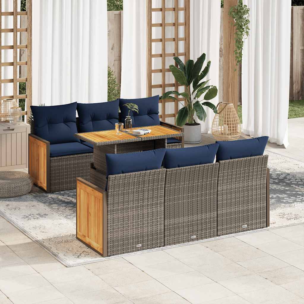 Set Divani da Giardino 7pz con Cuscini Grigio Polyrattan Acacia