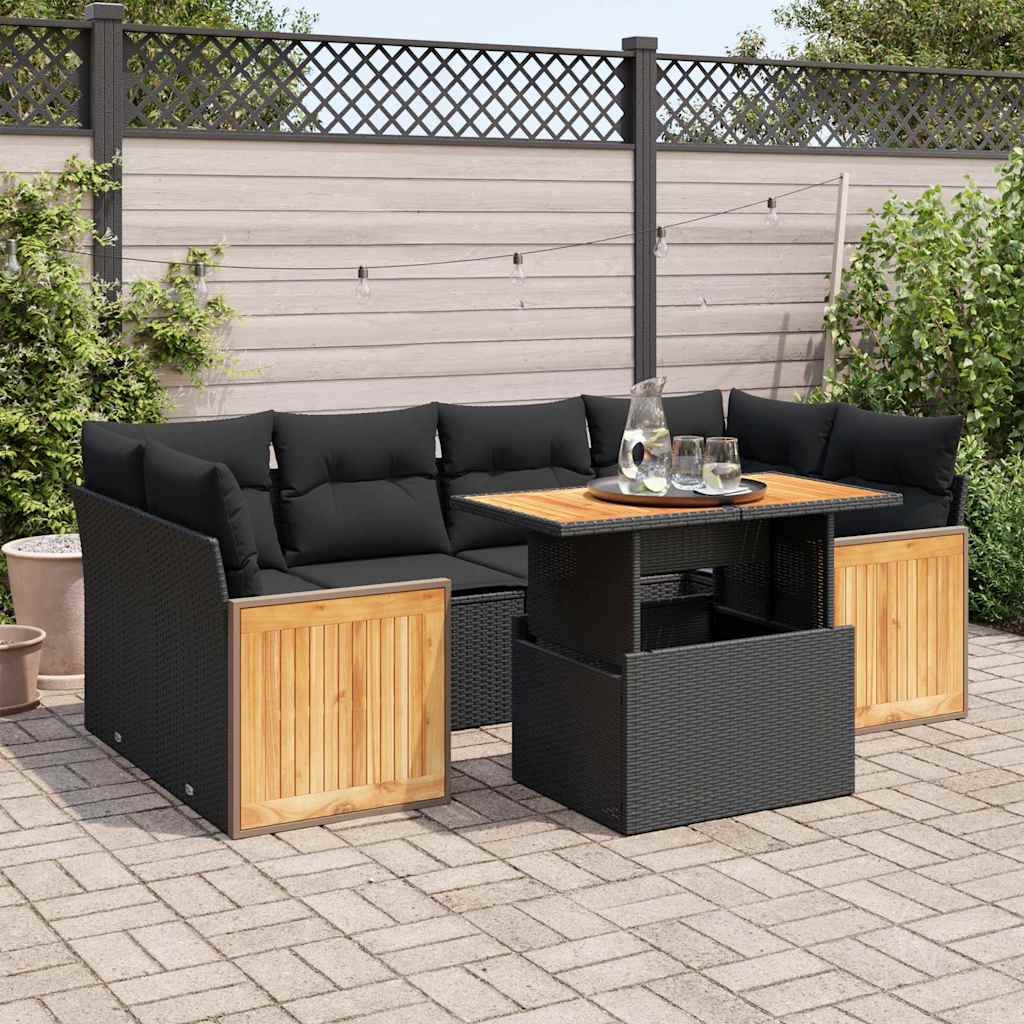 vidaXL Set Divani da Giardino con Cuscini 7pz Nero Polyrattan Acacia