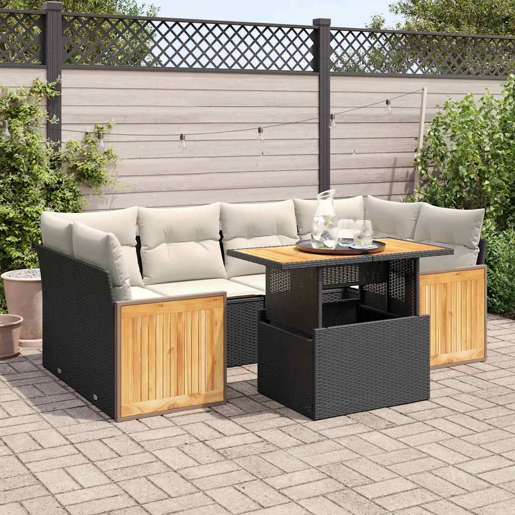 Set Divani da Giardino con Cuscini 7pz Nero Polyrattan Acacia 3327675