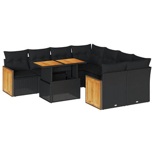 vidaXL Set Divani da Giardino 9 pz con Cuscini Nero Polyrattan Acacia
