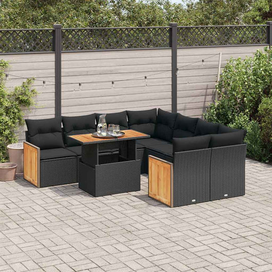 vidaXL Set Divani da Giardino 9 pz con Cuscini Nero Polyrattan Acacia