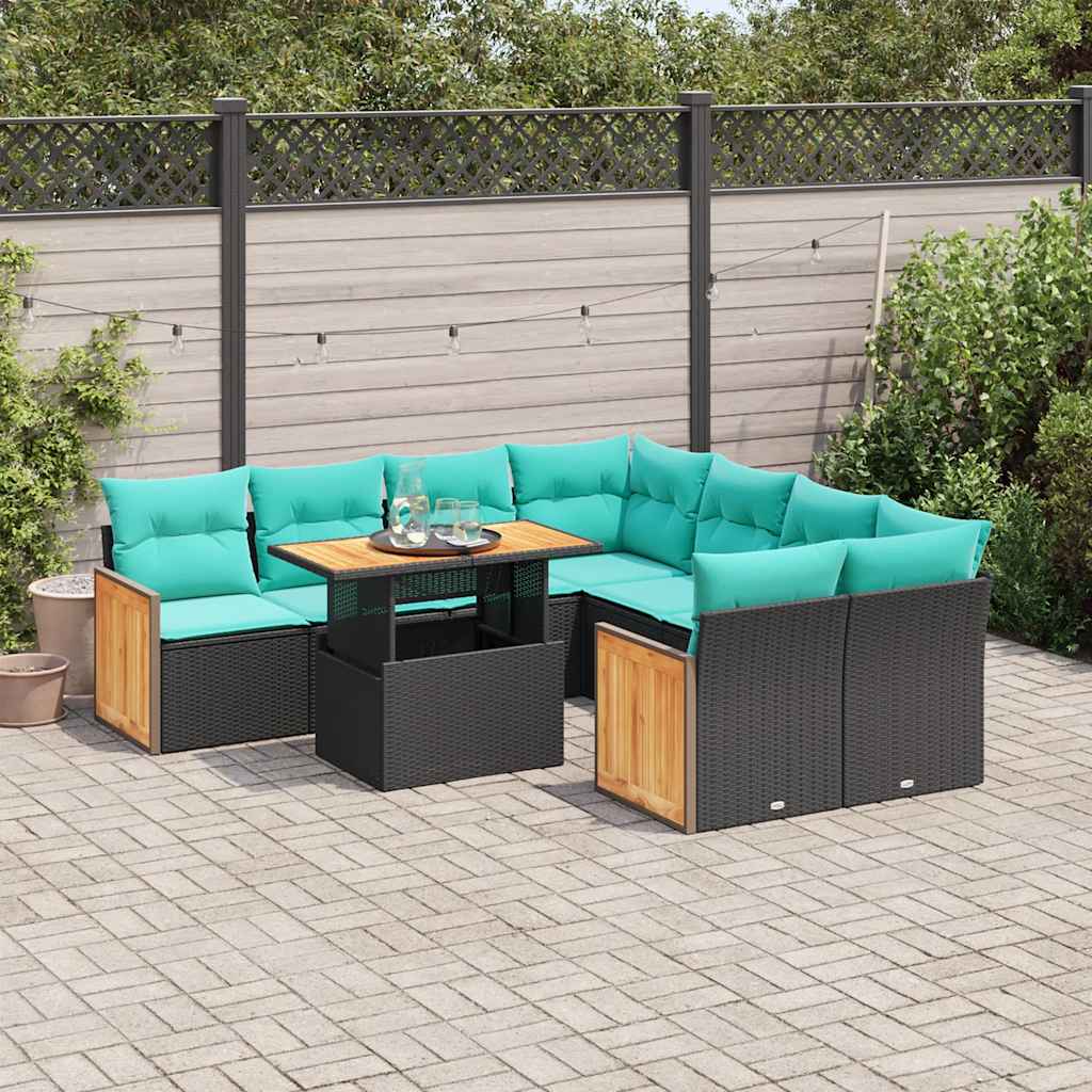 Set Divani da Giardino 9 pz con Cuscini Nero Polyrattan Acacia 3327690
