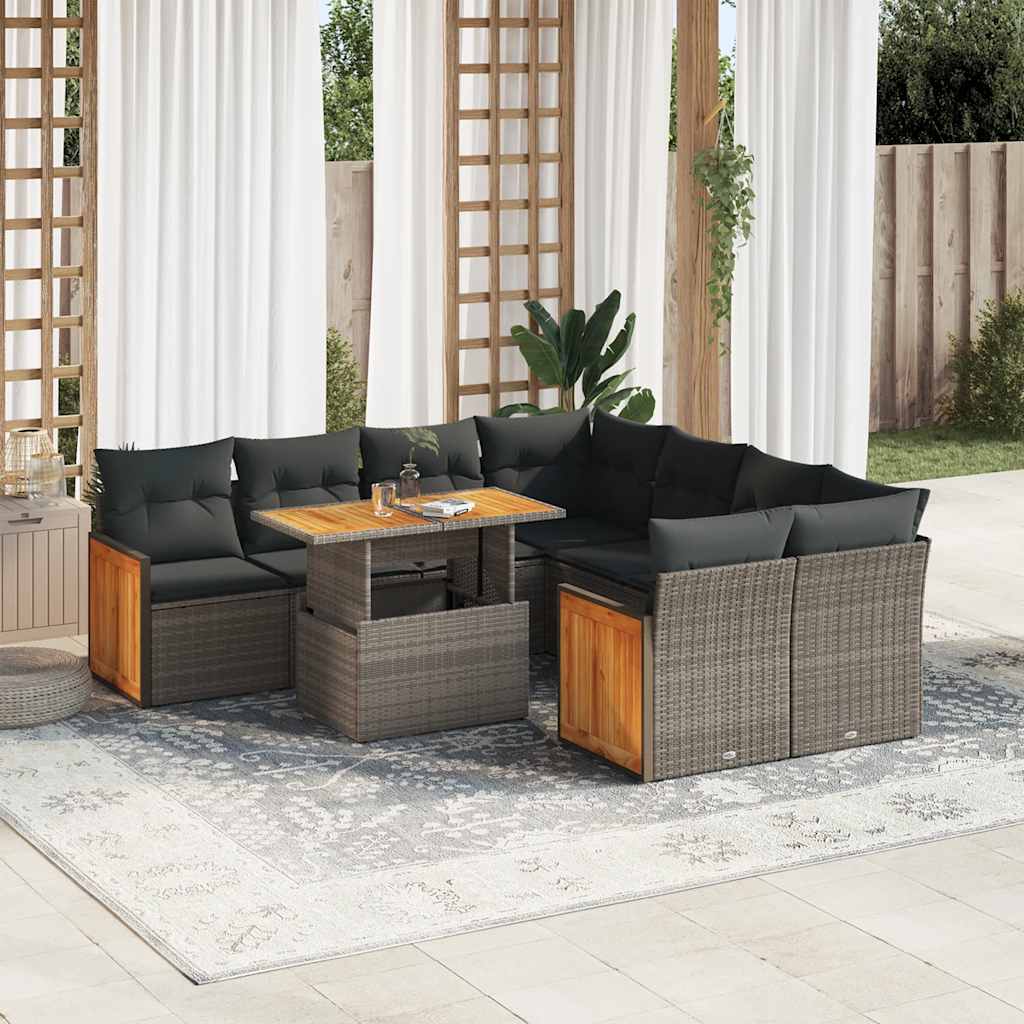 Set Divano da Giardino 9pz con Cuscini Grigio Polyrattan Acacia