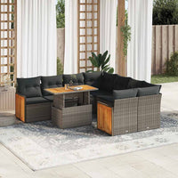 Set Divano da Giardino 9pz con Cuscini Grigio Polyrattan Acacia