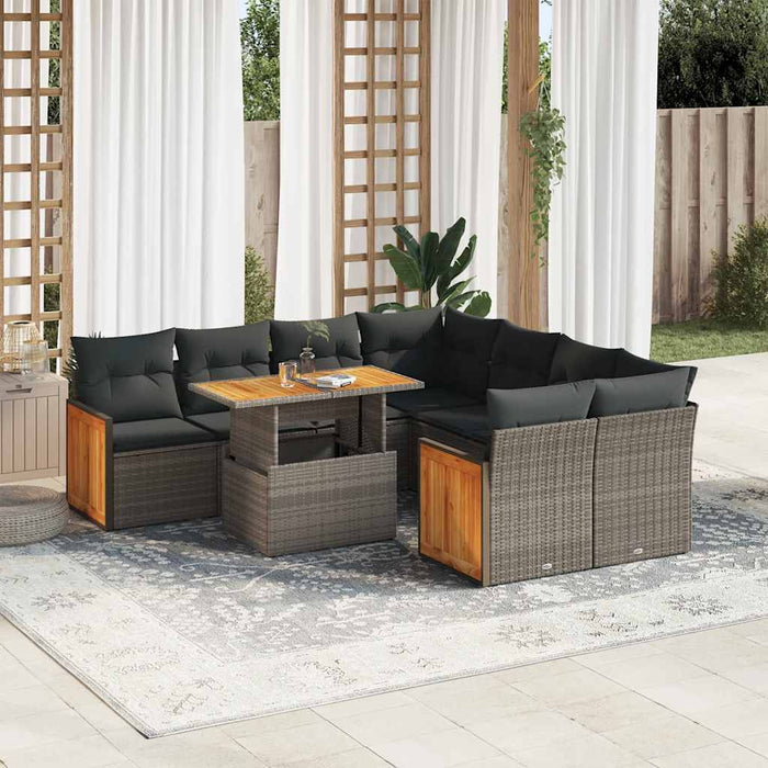 Set Divano da Giardino 9pz con Cuscini Grigio Polyrattan Acacia